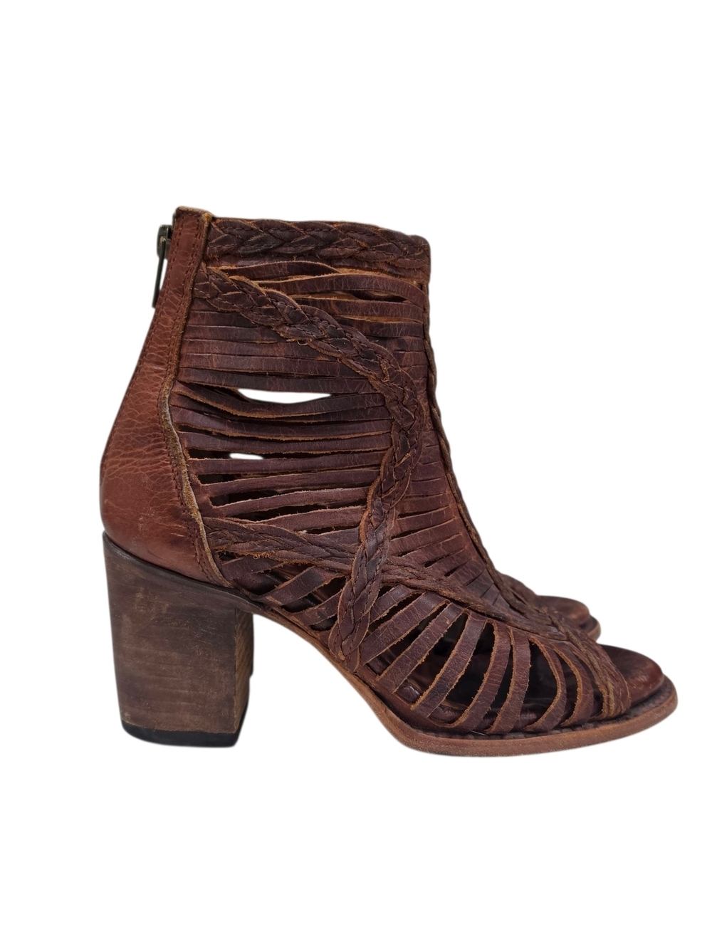 FREEBIRD BY STEVEN BELA LEATHER OPEN TOE BLOCK HEEL ANKLE BOOT